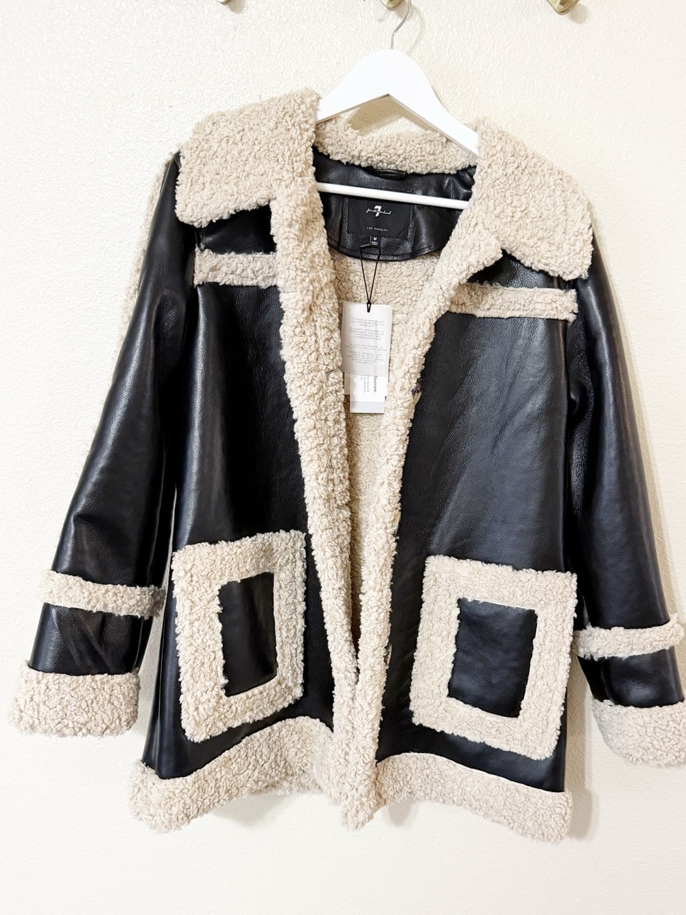 7 For All Mankind Faux Shearling Black Cream Faux Leather Longline Jacket NEW - Picture 7 of 11